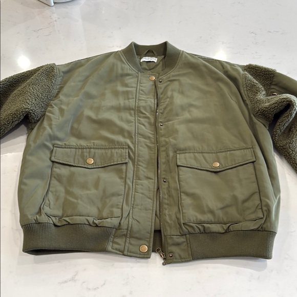 Olive Green Bomber Jacket with Pockets - Picture 1 of 8